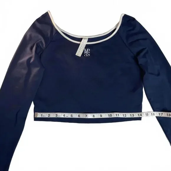 Missguided Navy Blue Long Sleeve Crop Top with White Trim - Picture 5 of 7